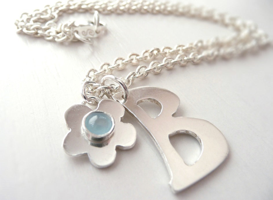 Initial and Birthstone Flower Necklace Sterling Silver